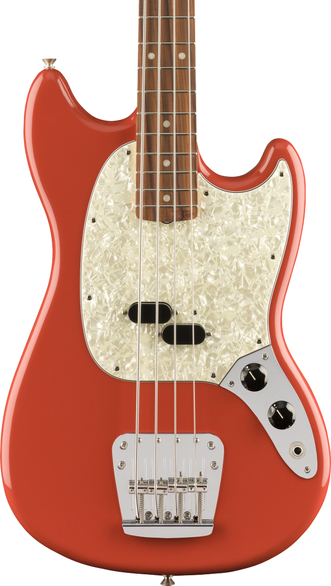 Front of Fender Vintera 60s Mustang Bass PF Fiesta Red.
