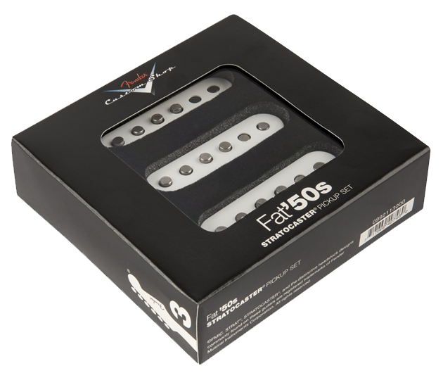 Front right angle of Fender Custom Shop Fat ’50s Stratocaster Pickups in packaging.