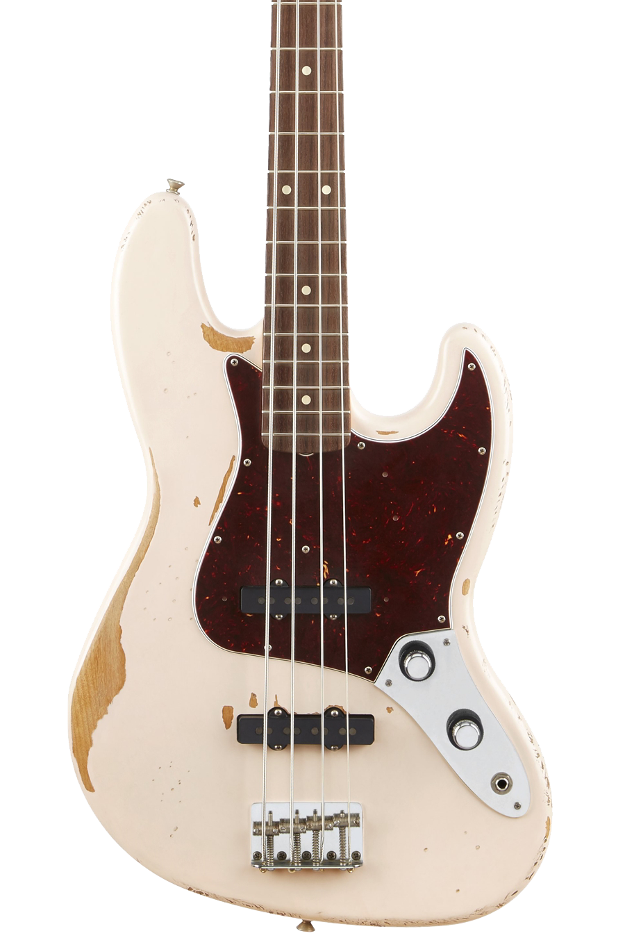 Front of Fender Flea Signature Jazz Bass Road Worn RW Faded Shell Pink.