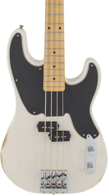 Front of Fender Mike Dirnt Road Worn Precision Bass Maple Fingerboard White Blonde.