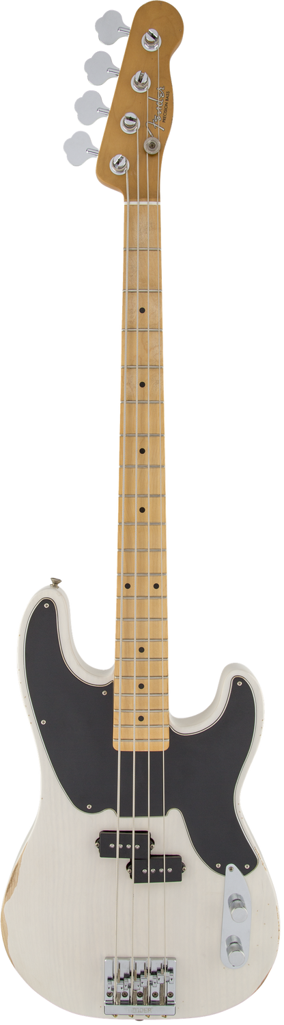 Full frontal of Fender Mike Dirnt Road Worn Precision Bass Maple Fingerboard White Blonde.