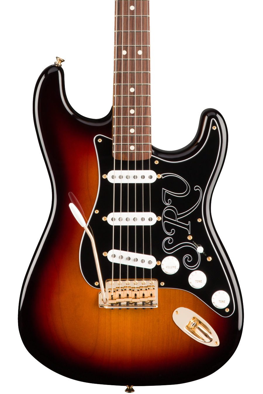 Front of Fender Stevie Ray Vaughan Stratocaster 3-Tone Sunburst.