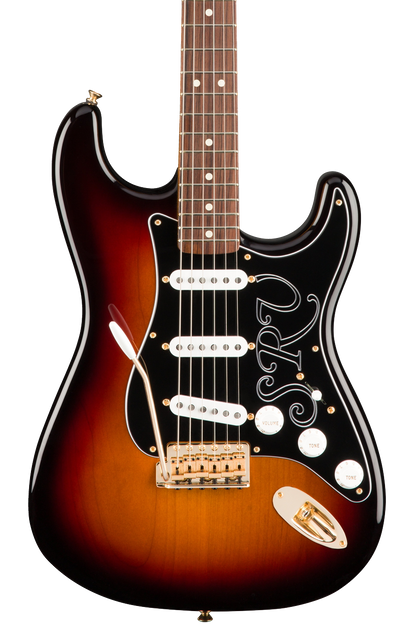Front of Fender Stevie Ray Vaughan Stratocaster 3-Tone Sunburst.
