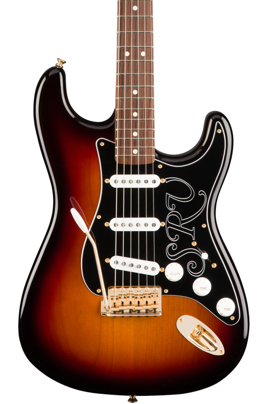 Front of Fender Stevie Ray Vaughan Stratocaster 3-Tone Sunburst.