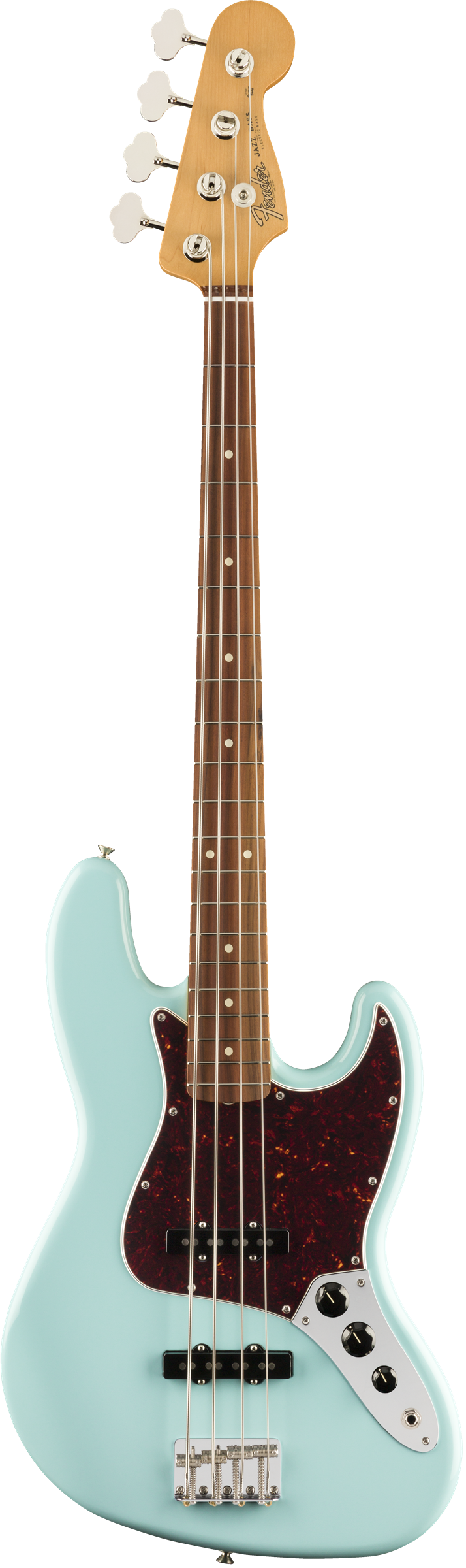 Full frontal of Open Box Fender Vintera 60s Jazz Bass Daphne Blue.