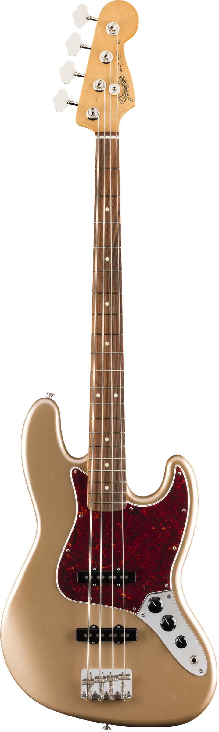Full frontal of Open Box Fender Vintera 60s Jazz Bass Firemist Gold.