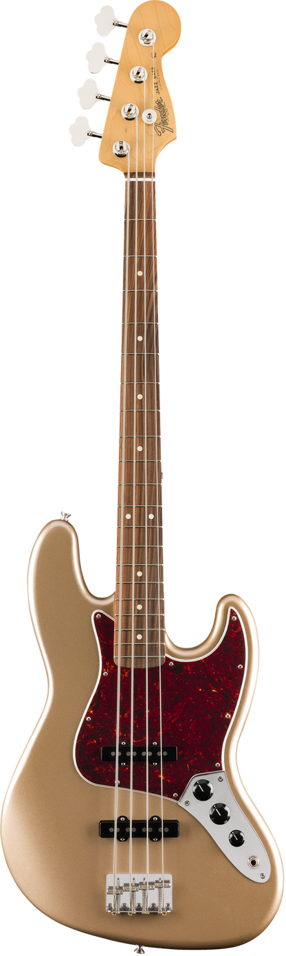 Full frontal of Open Box Fender Vintera 60s Jazz Bass Firemist Gold.