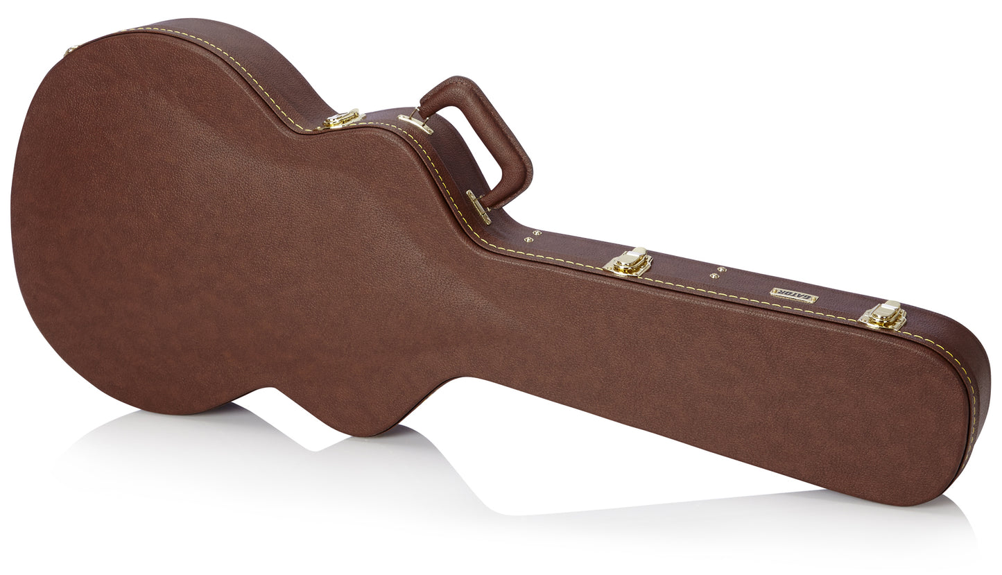 Front angle of Gator GW-335-BROWN Semi-Hollow Guitar Deluxe Case closed.