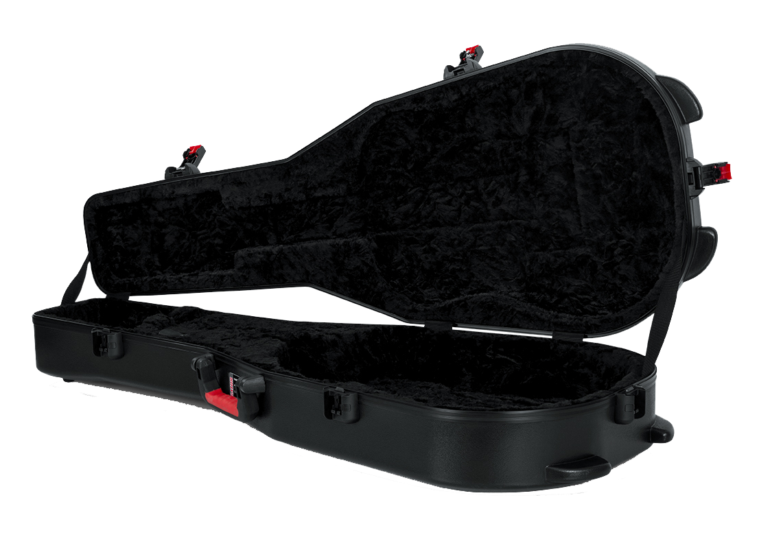 Left angle of Gator GTSA-GTRDREAD TSA Series ATA Molded Polyethylene Dreadnaught Acoustic Case open.