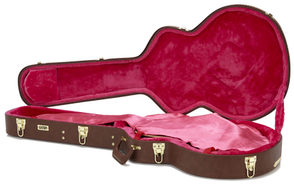 Left angle of Gator GW-335-BROWN Semi-Hollow Guitar Deluxe Case open.