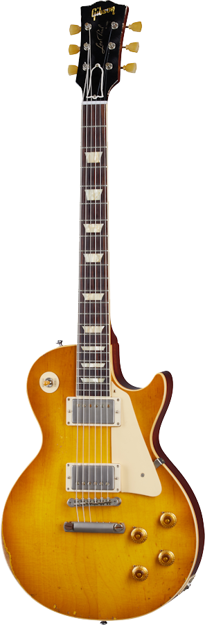 Full frontal of Gibson Custom Shop 1958 Les Paul Standard Reissue Murphy Lab Heavy Aged Lemon Burst.