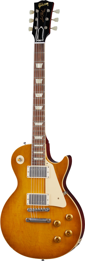 Full front angle of Gibson Custom Shop 1958 Les Paul Standard Reissue Murphy Lab Light Aged Lemon Burst.