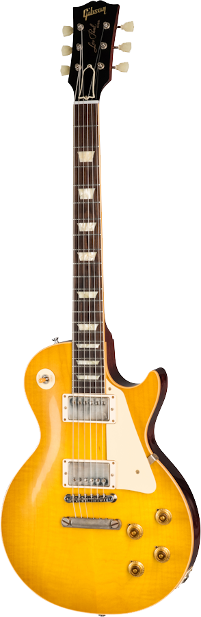 Full frontal of Gibson Custom Shop 1958 Les Paul Standard Reissue VOS Lemon Burst.