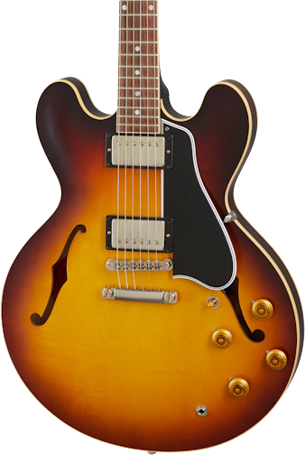 Front angle of Gibson Custom Shop 1959 ES-335 Reissue VOS Vintage Burst.
