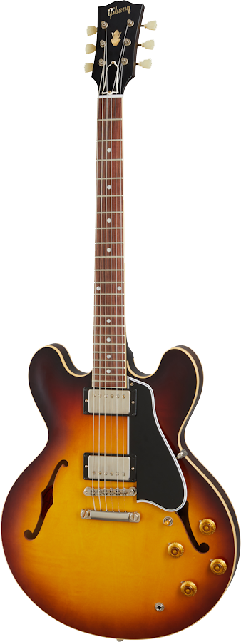 Full front angle of Gibson Custom Shop 1959 ES-335 Reissue VOS Vintage Burst.
