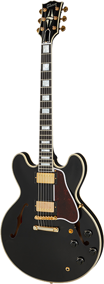 Full front angle of Gibson Custom Shop 1959 ES-355 Reissue Stop Bar VOS Ebony.