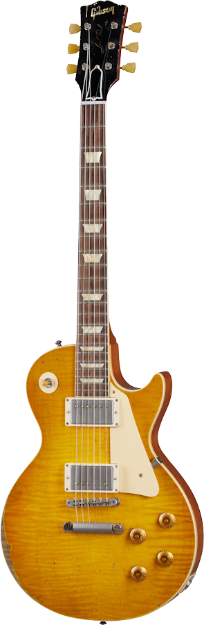 Full frontal of Gibson Custom Shop Murphy Lab 1959 Les Paul Standard Ultra Heavy Aged Lemon Burst.