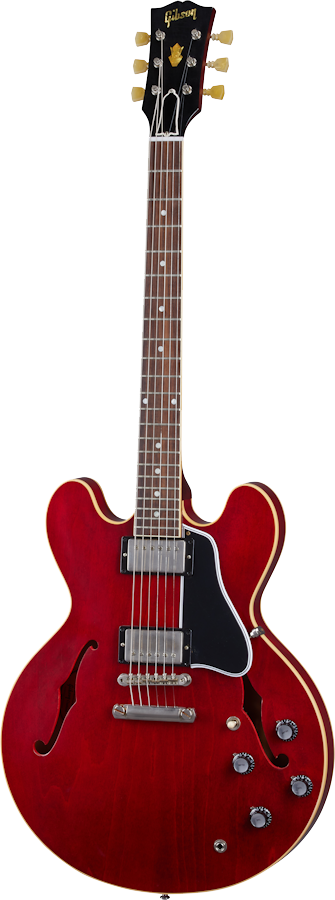Full front angle of Gibson Custom Shop Murphy Lab 1961 ES-335 Reissue 60s Cherry Ultra Light Aged.