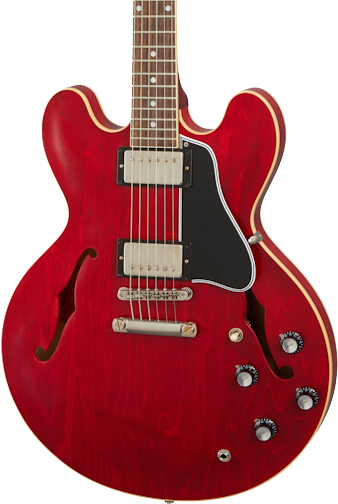 Front angle of Gibson Custom Shop 1961 ES-335 Reissue VOS Sixties Cherry.