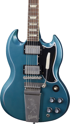 Front of Gibson Custom Shop Murphy Lab 1964 SG Standard Reissue Pelham Blue w/ Maestro Light Aged.