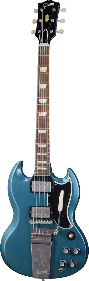Full frontal of Gibson Custom Shop Murphy Lab 1964 SG Standard Reissue Pelham Blue w/ Maestro Light Aged.