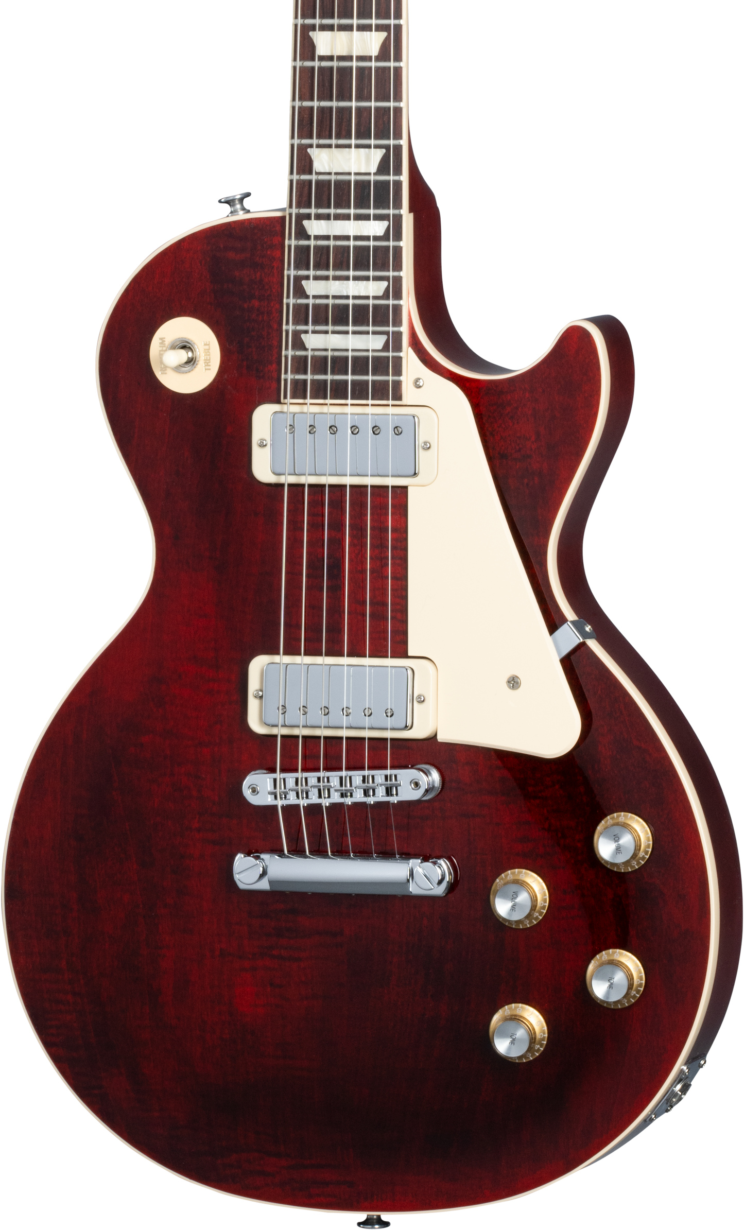 Front of Gibson Les Paul 70s Deluxe Wine Red.