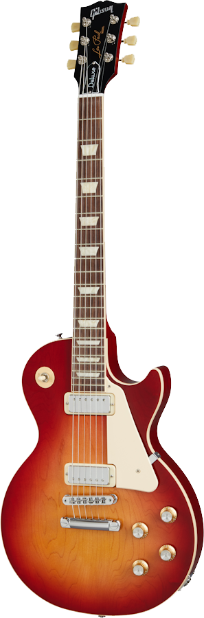 Full frontal of Gibson Les Paul Deluxe 70s Cherry Sunburst.