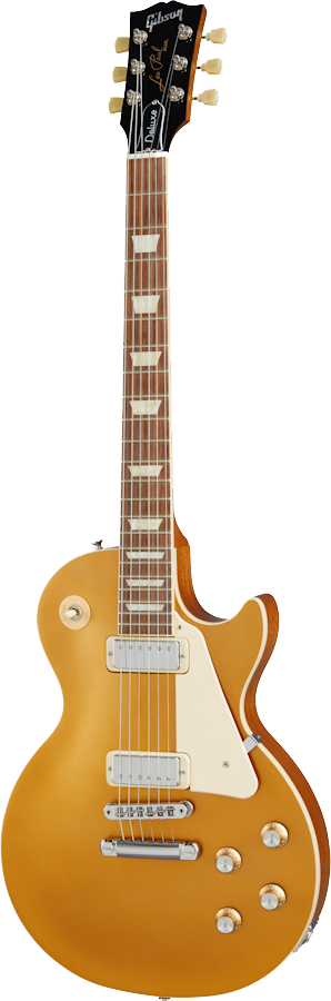 Full frontal of Gibson Les Paul Deluxe 70s Gold Top.