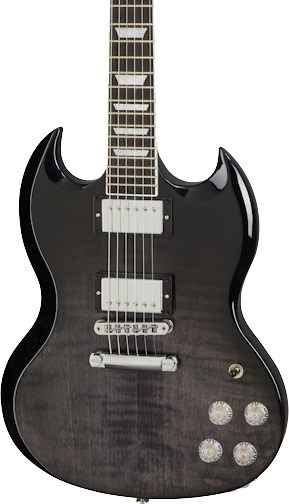 Front angle of Gibson SG Modern Trans Ebony Fade.