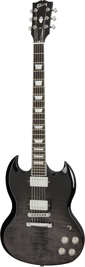 Full front angle of Gibson SG Modern Trans Ebony Fade.