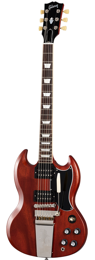 Full frontal of Gibson SG Standard '61 Maestro Vibrola Faded Vintage Cherry.