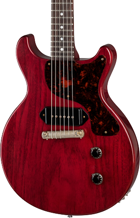 Front angle of Gibson Custom Shop 1958 Les Paul Junior Double Cut Reissue VOS Cherry Red.
