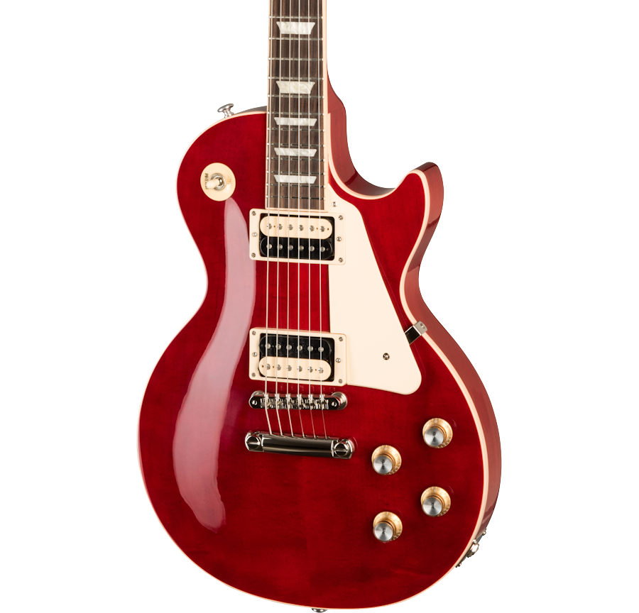 Front of Open Box Gibson Les Paul Classic Translucent Cherry.