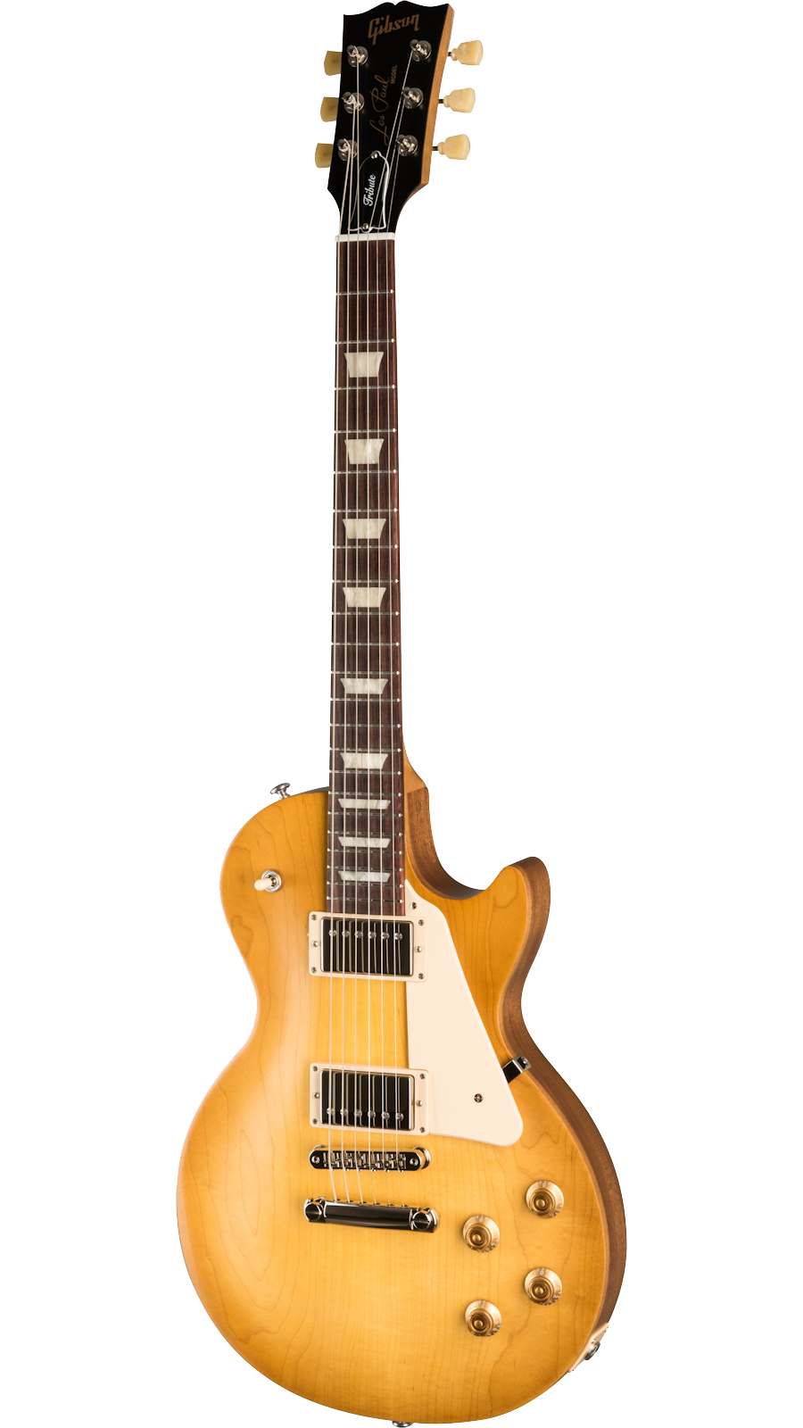 Full front angle of Gibson Les Paul Tribute Satin Honeyburst.