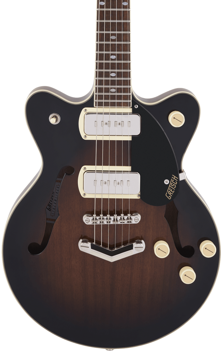 Front of Gretsch G2655-P90 Streamliner Center Block Jr. Double-Cut P90 w/V-Stoptail Brownstone.