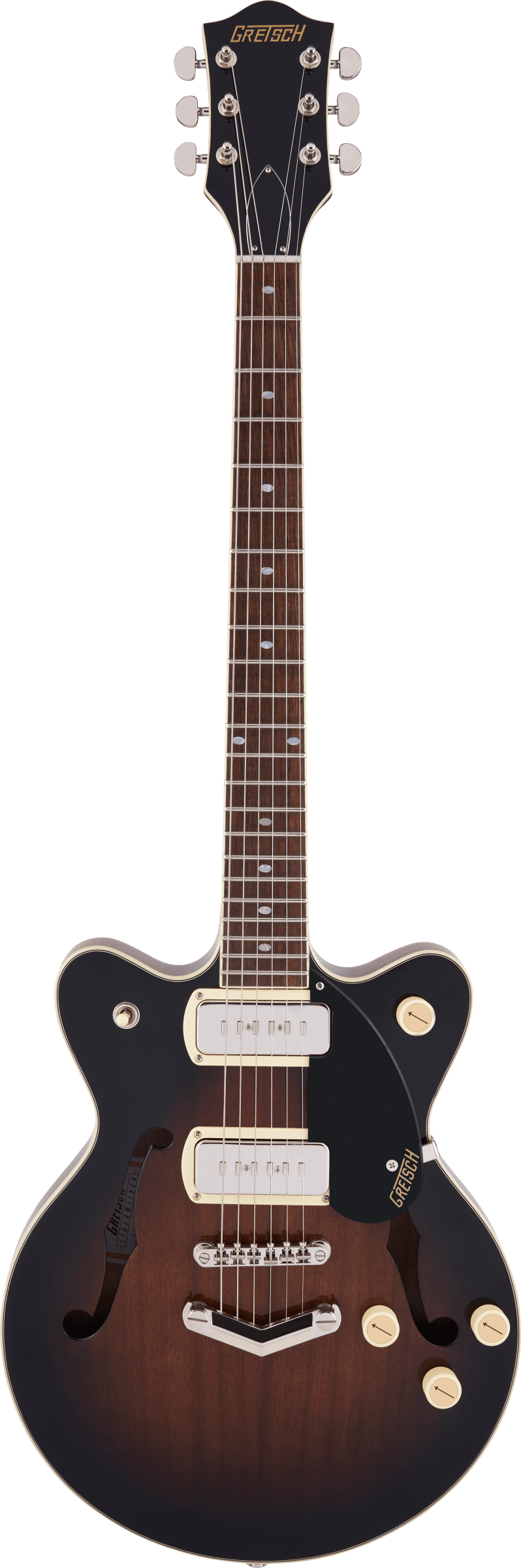 Full frontal of Gretsch G2655-P90 Streamliner Center Block Jr. Double-Cut P90 w/V-Stoptail Brownstone.
