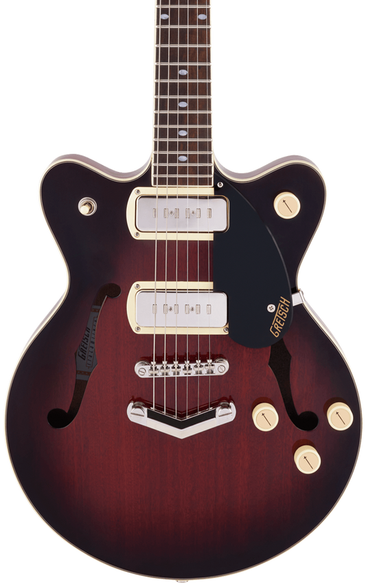 Front of Gretsch G2655-P90 Streamliner Center Block Jr. Double-Cut P90 w/V-Stoptail Claret Burst.