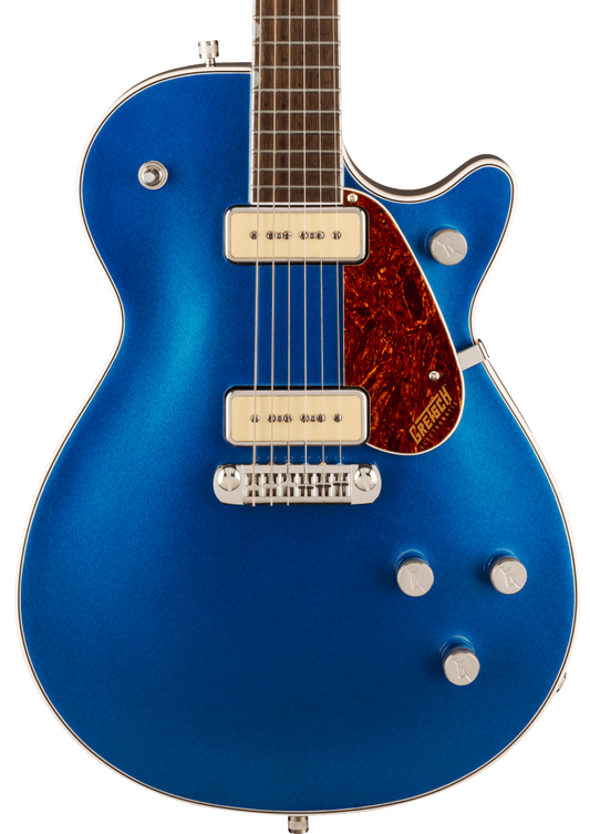 Front of Gretsch G5210-P90 Electromatic Jet Two 90 Single-Cut with Wraparound Fairlane Blue.