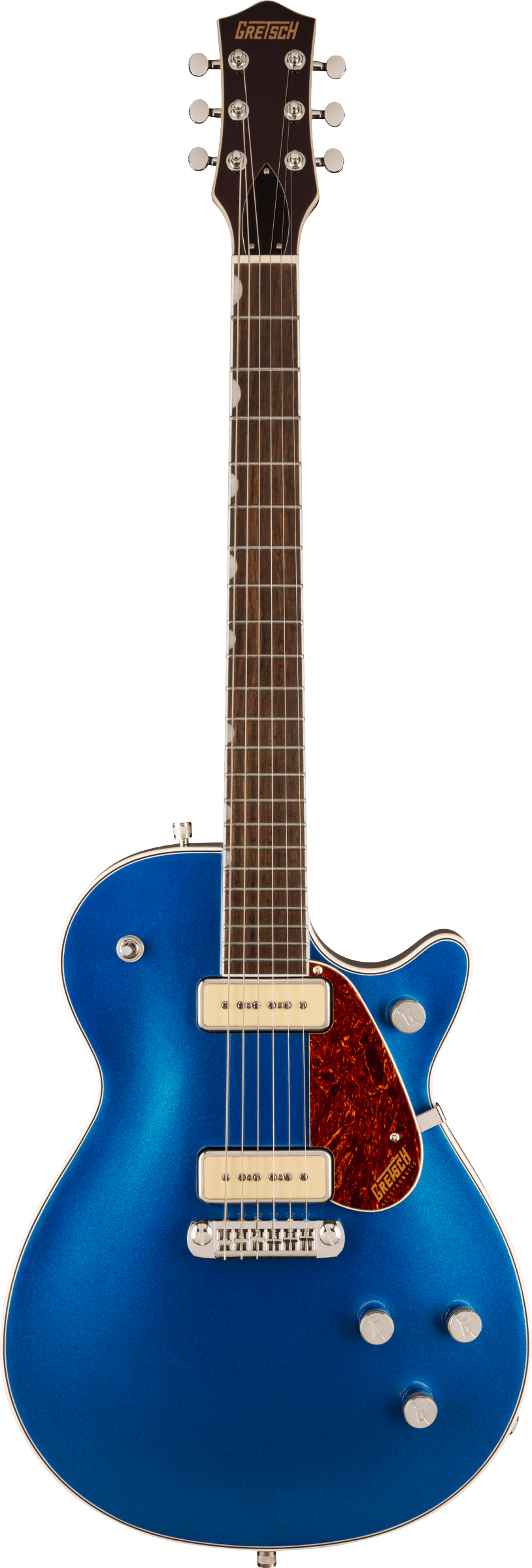Full frontal of Gretsch G5210-P90 Electromatic Jet Two 90 Single-Cut with Wraparound Fairlane Blue.