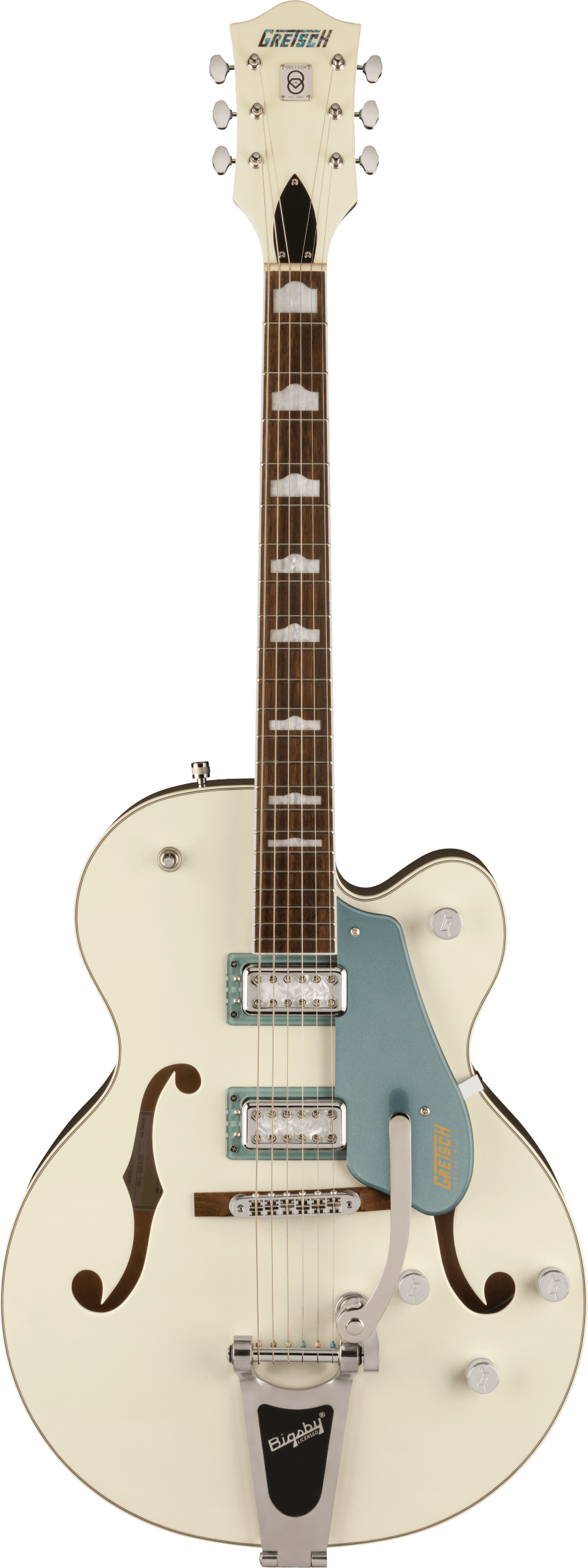 Full frontal of Gretsch G5420T-140 Electromatic 140th Double Platinum Hollow Body Two-Tone Pearl Platinum/Stone Platinum.