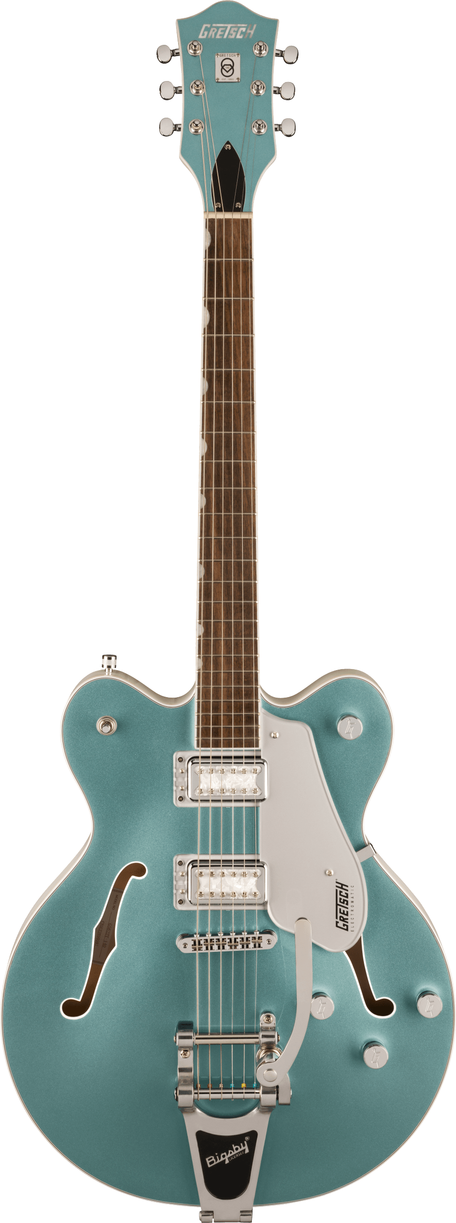 Full frontal of Gretsch G5622T-140 Electromatic 140th Double Platinum Center Block Two-Tone Stone Platinum/Pearl Platinum.