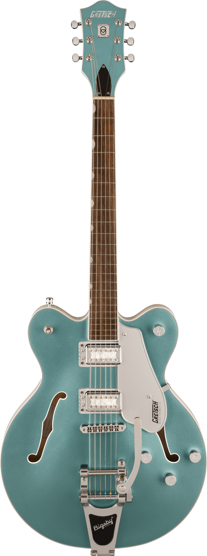 Full frontal of Gretsch G5622T-140 Electromatic 140th Double Platinum Center Block Two-Tone Stone Platinum/Pearl Platinum.