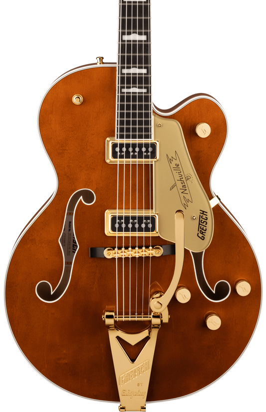 Front of Gretsch G6120TG-DS Players Edition Nashville Hollow Body DS with String-Thru Bigsby and Gold Hardware Ebony Fingerboard Roundup Orange.