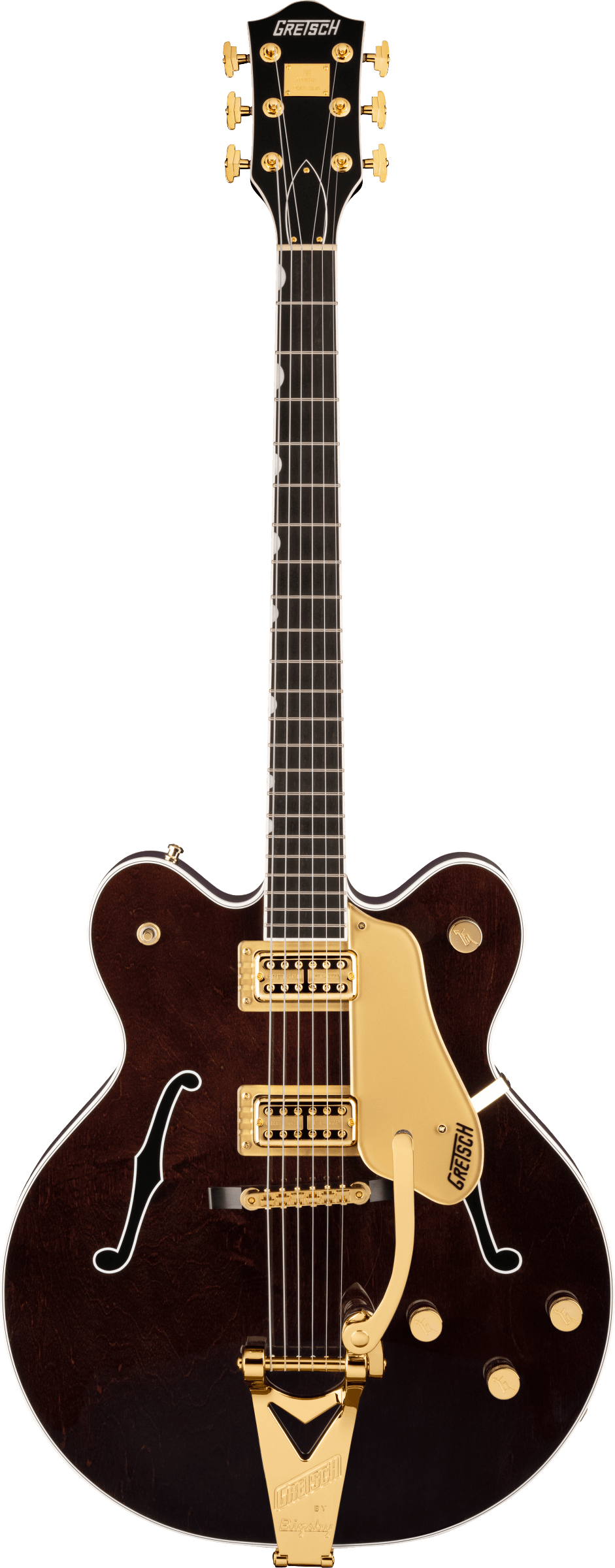 Full frontal of Gretsch G6122TG Players Edition Country Gentleman Hollow Body w/String-Thru Bigsby Walnut Stain.
