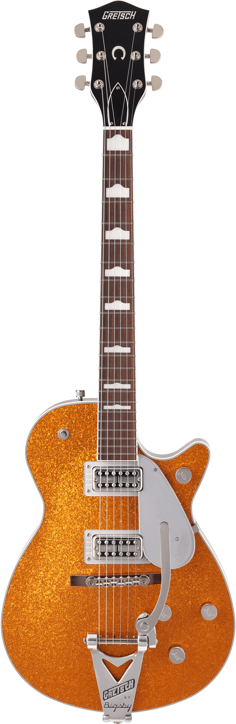 Full frontal of Gretsch G6129T-89VS Vintage Select ‘89 Sparkle Jet w/Bigsby Gold Sparkle.