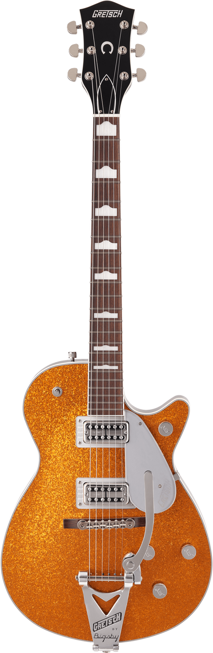 Full frontal of Gretsch G6129T-89VS Vintage Select ‘89 Sparkle Jet w/Bigsby Gold Sparkle.