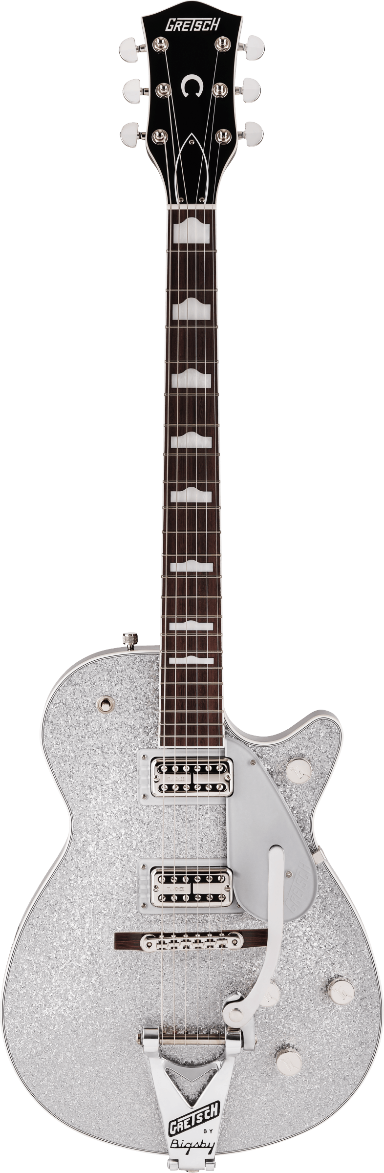 Full frontal of Gretsch G6129T-89VS Vintage Select ‘89 Sparkle Jet w/Bigsby Silver Sparkle.