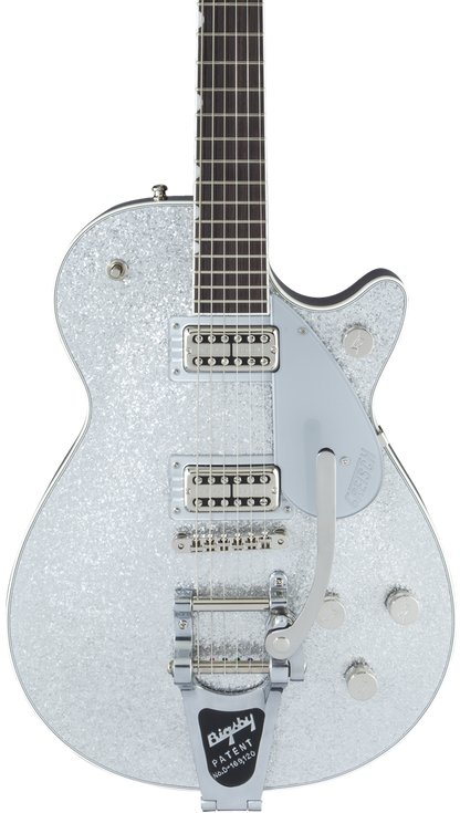 Front of Gretsch G6129T Players Edition Jet FT w/Bigsby RW Silver Sparkle.