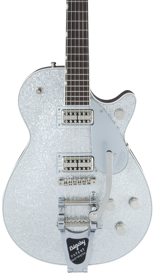 Front of Gretsch G6129T Players Edition Jet FT w/Bigsby RW Silver Sparkle.
