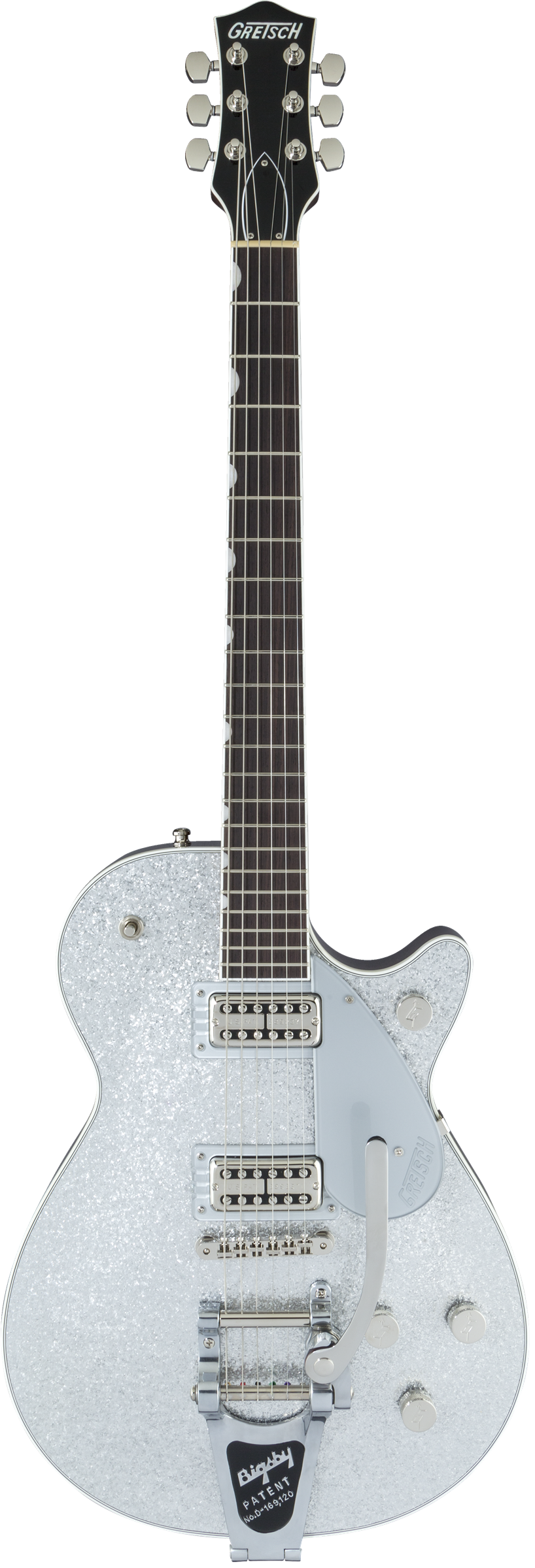 Full frontal of Gretsch G6129T Players Edition Jet FT w/Bigsby RW Silver Sparkle.